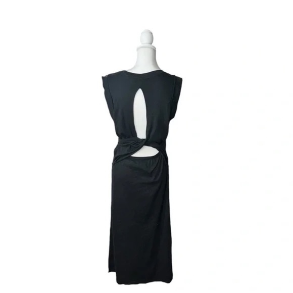 VINCE - Wrap Waist Cotton Jersey Sleeveless Midi Back cout out Dress in Black - Picture 5 of 8